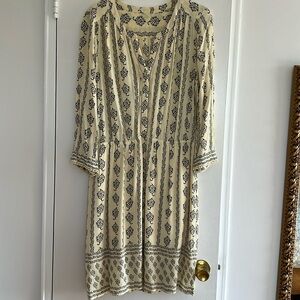 Cream&black pineapple printed long sleeve dress crocheted along cuffs & front